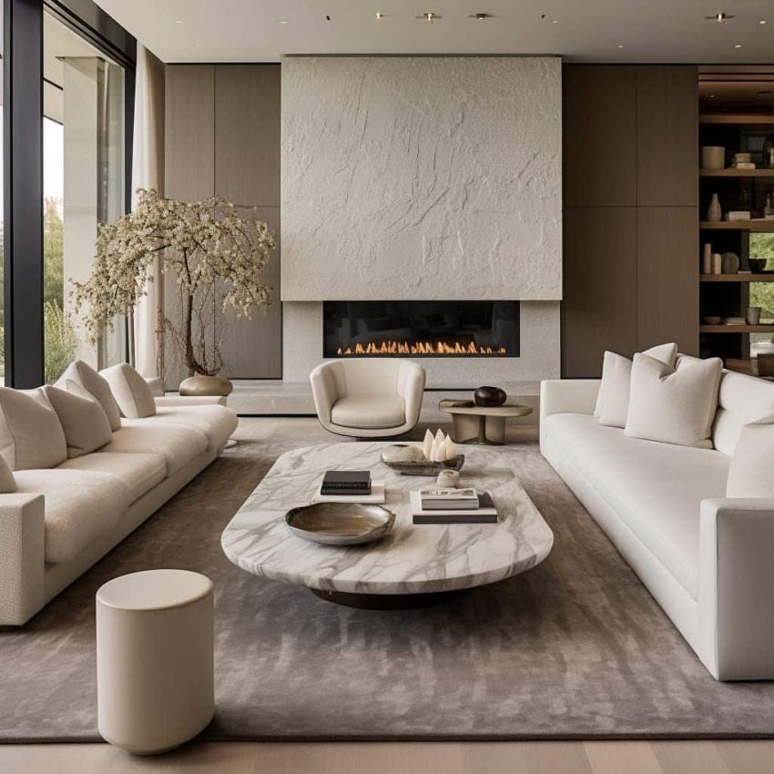طراحی مدرن سالن با شومینه مدرن